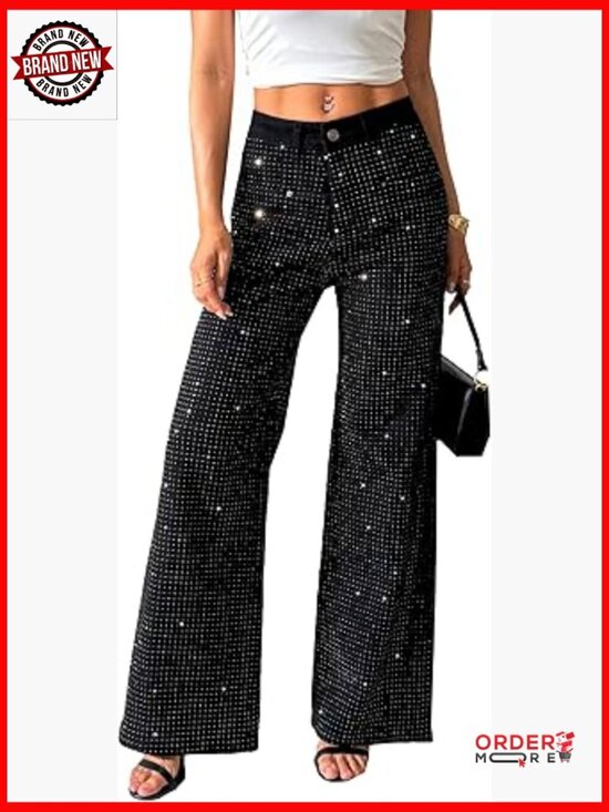 Denim - High Waist Wide Leg Rhinestone Jeans Stretch Denim Pants Sparkle Sequin